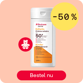 Redcare kinderzonnecrème SPF 50 tot -50%, knop “Bestel nu”.