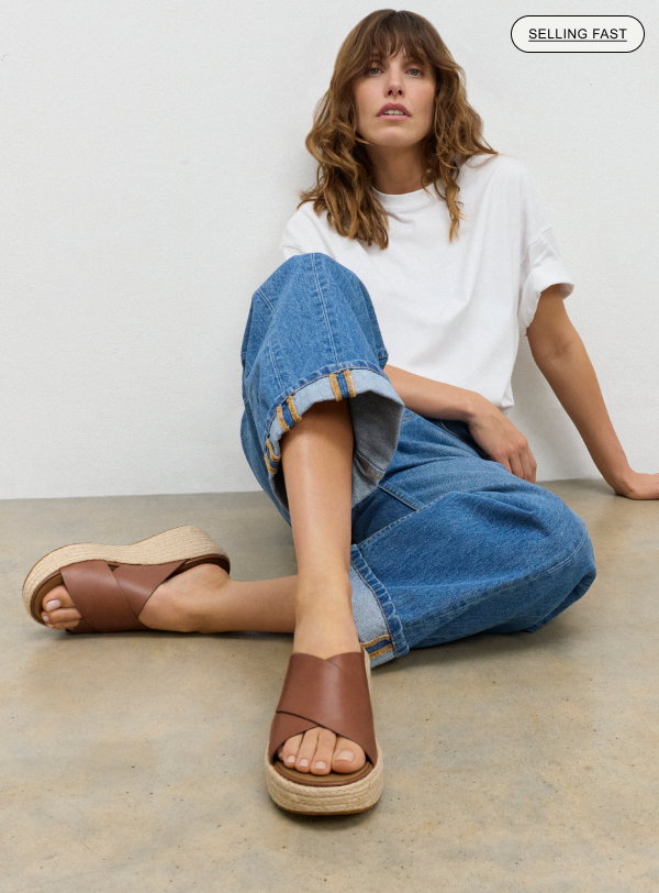 PLATFFORMS Espadrille Leather Wedge Cross Slides - Deep Tan