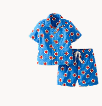 Baby Poplin Button Up Shirt & Shorts Set | Red Flowers on Swedish Sky