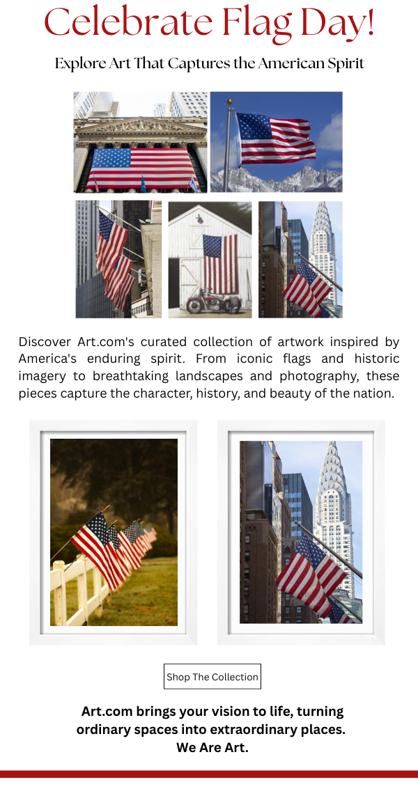 Celebrate Flag Day! Explore Art That Captures the American Spirit. Discover Art.com's curated collection of artwork inspired by America's enduring spirit. From iconic flags and historic imagery to breathtaking landscapes and photography, these pieces capture the character, history, and beauty of the nation.