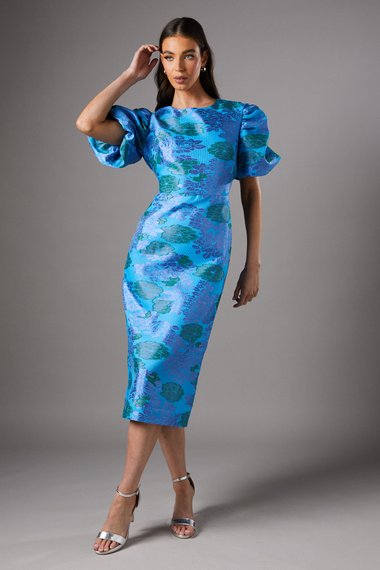 Blue Floral Puff Sleeve Midi Dress