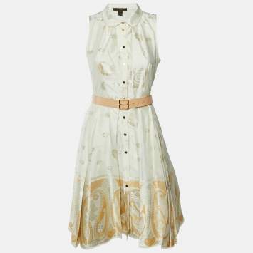 Cream Brocade Belted Sleeveles