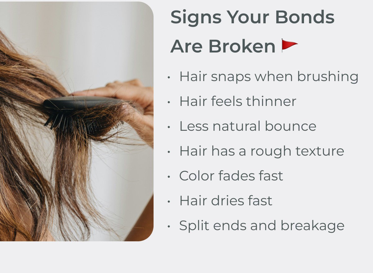 Signs your bonds are broken: Hair snaps when brushing, hair feels thinner, less natural bounce, hair has a rough texture, color fades fast, hair dries fast, split ends and breakage.  