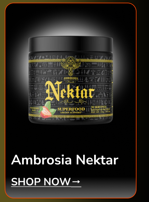 Container of Ambrosia Nektar superfood with a black and gold design.