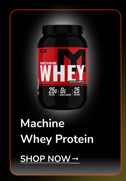 Machine whey protein with 25g protein, 0g added sugars, and 25 servings.
