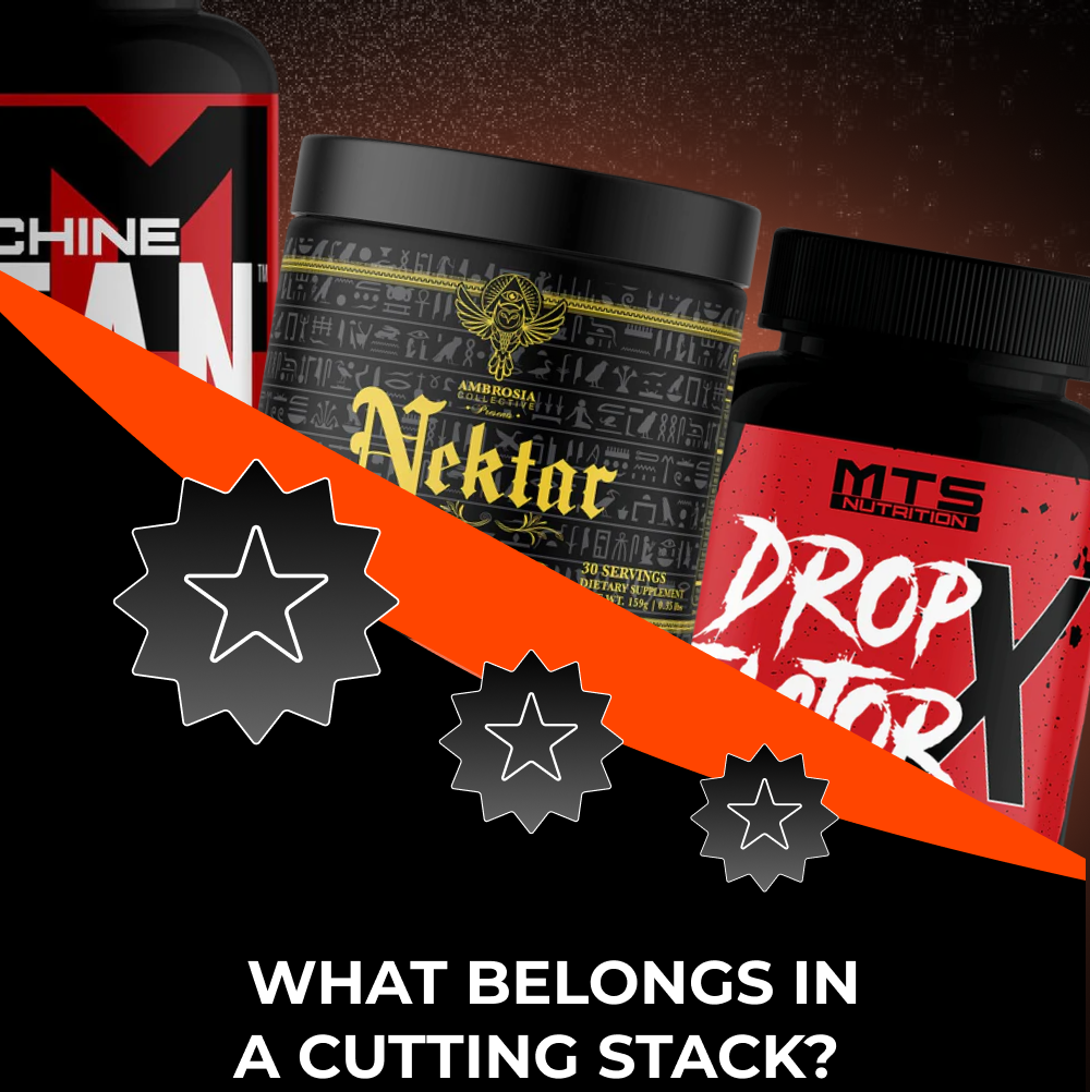 Various supplement containers with text about cutting stacks.