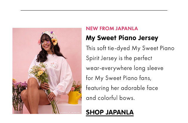 NEW FROM JAPANLA | My Sweet Piano Jersey | This soft tie-dyed My Sweet Piano Spirit Jersey is the perfect wear-everywhere long sleeve for My Sweet Piano fans, featuring her adorable face and colorful bows. | SHOP JAPANLA