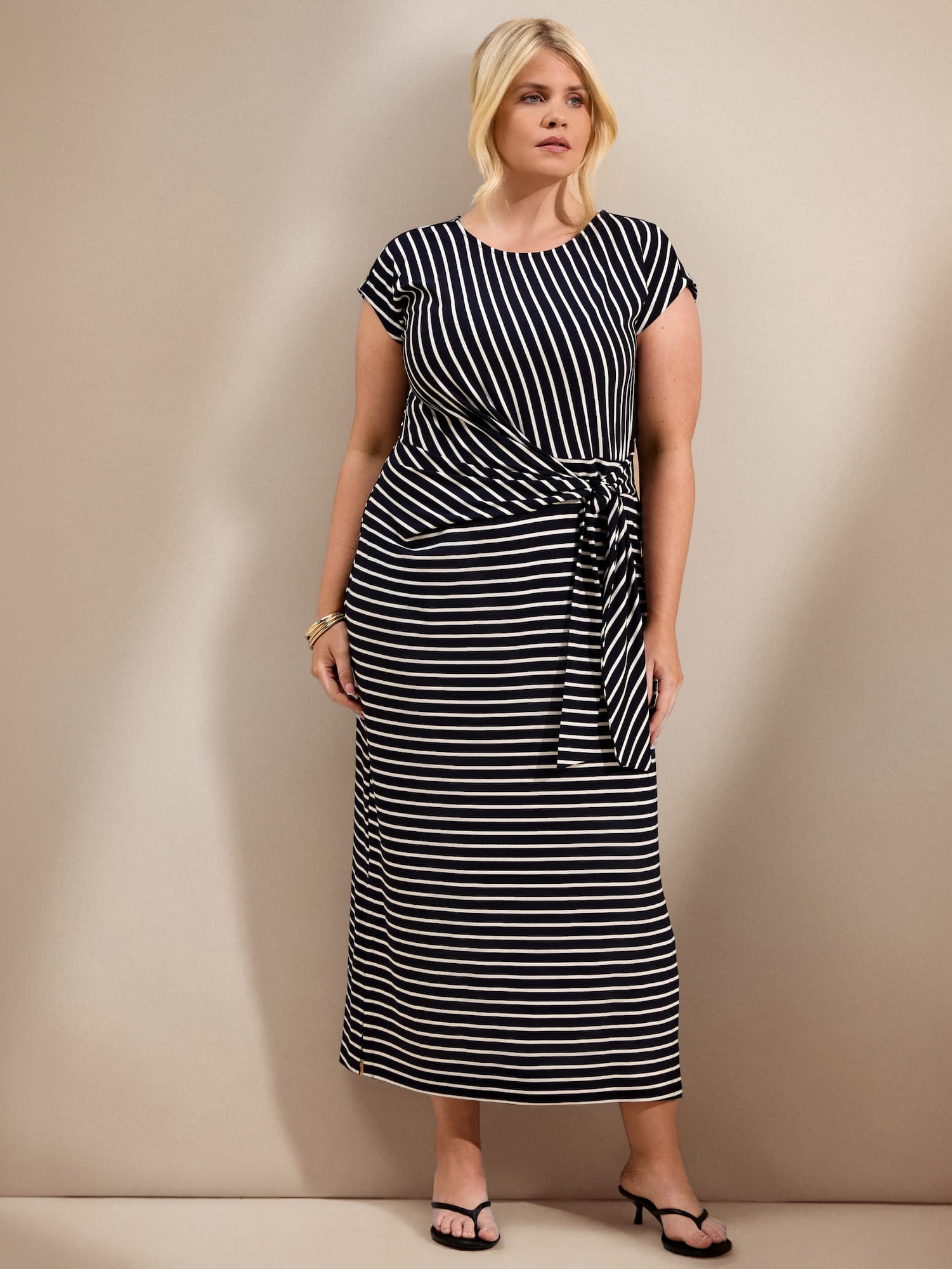 Petite Navy Stripe Jersey Side Tie Maxi Dress