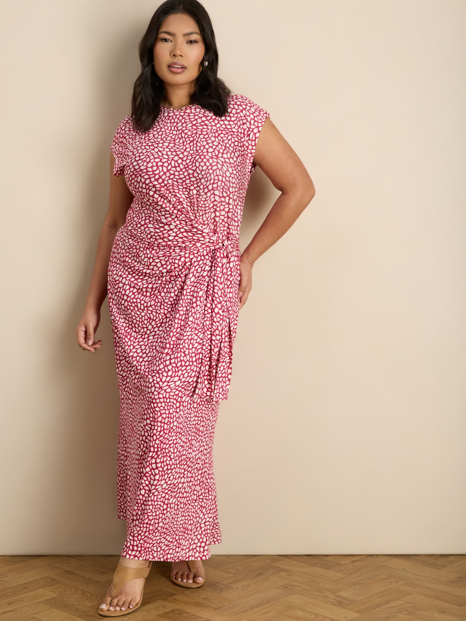 Pink Abstract Short Sleeve Jersey Tie Side Maxi Dress