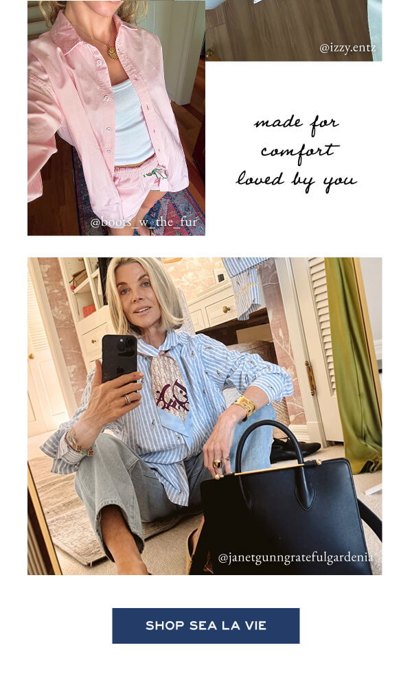 Made for comfort, loved by you. - Images of women wearing different pink and blue pajama pieces from the collection.