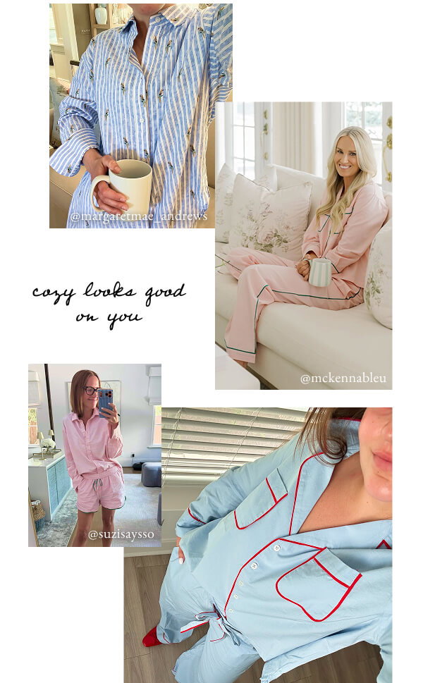 Cozy looks good on you. - Images of women wearing different pink and blue pajama pieces from the collection.