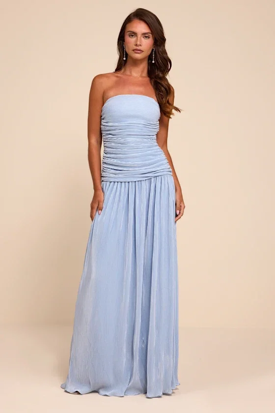 Image of Reeva Light Blue Plisse Drop Waist Maxi Dress