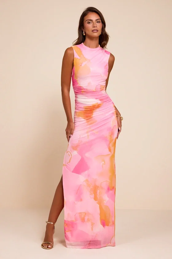 Image of Aldea Light Pink Multi Mesh Mock Neck Maxi Dress