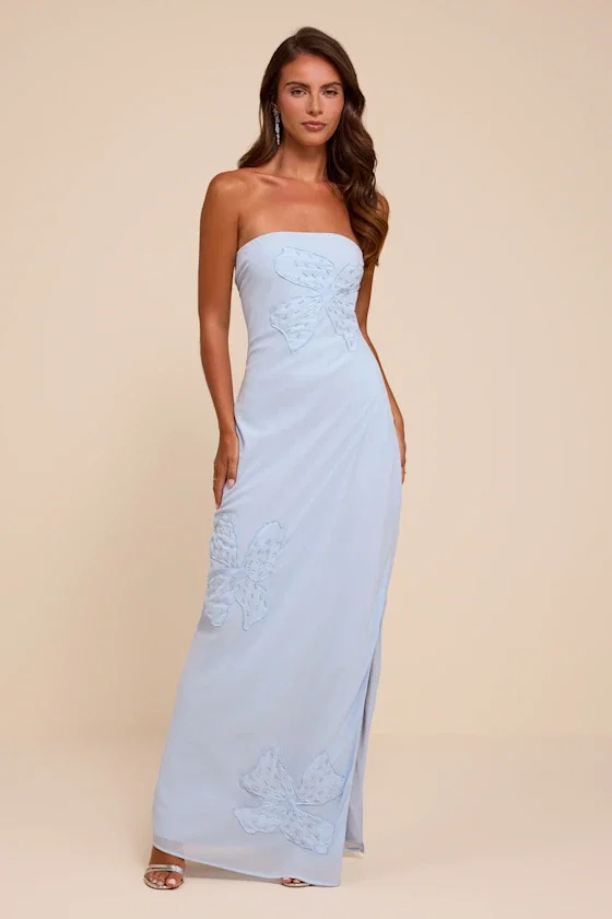 Image of Fianna Light Blue Embroidered Strapless Maxi Dress