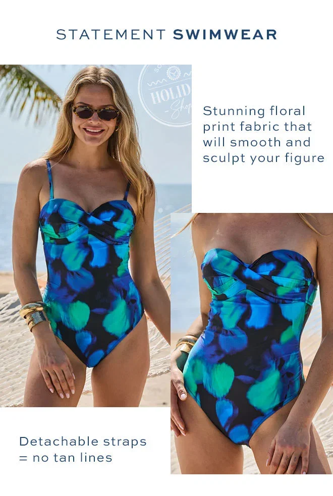 Blue Floral Print Twist Front Body Shaping Swimsuit