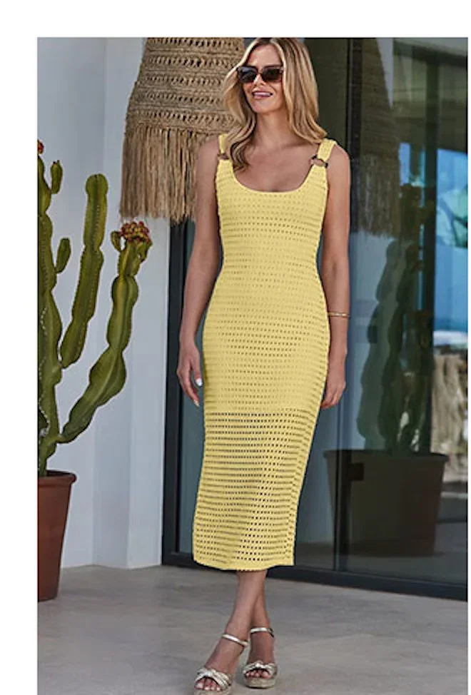 Yellow Crochet Ring Detail Midi Dress