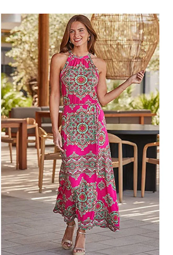 Pink Wanderlust Print Halter Neck Maxi Dress