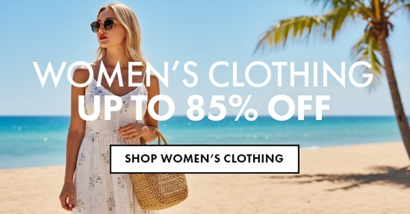 Woman in a sundress on a beach, advertising women's clothing up to 85% off.