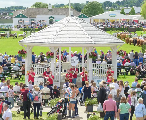 A lively outdoor event with a band performing in a gazebo, surrounded by a large crowd and greenery.
