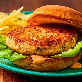 Fresh Salmon Burgers with Sriracha Mayonnaise
