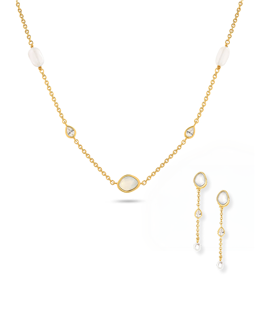 Modern Elegance Quartz & Pearl Necklace & Earrings Set (Gold)