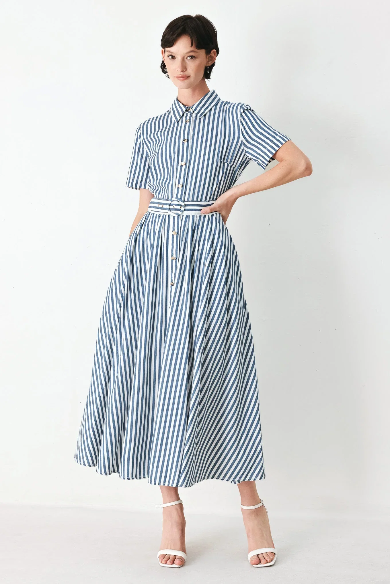 Image of COASTAL MUSE STRIP WOVEN MIDI SHIRT DRESS