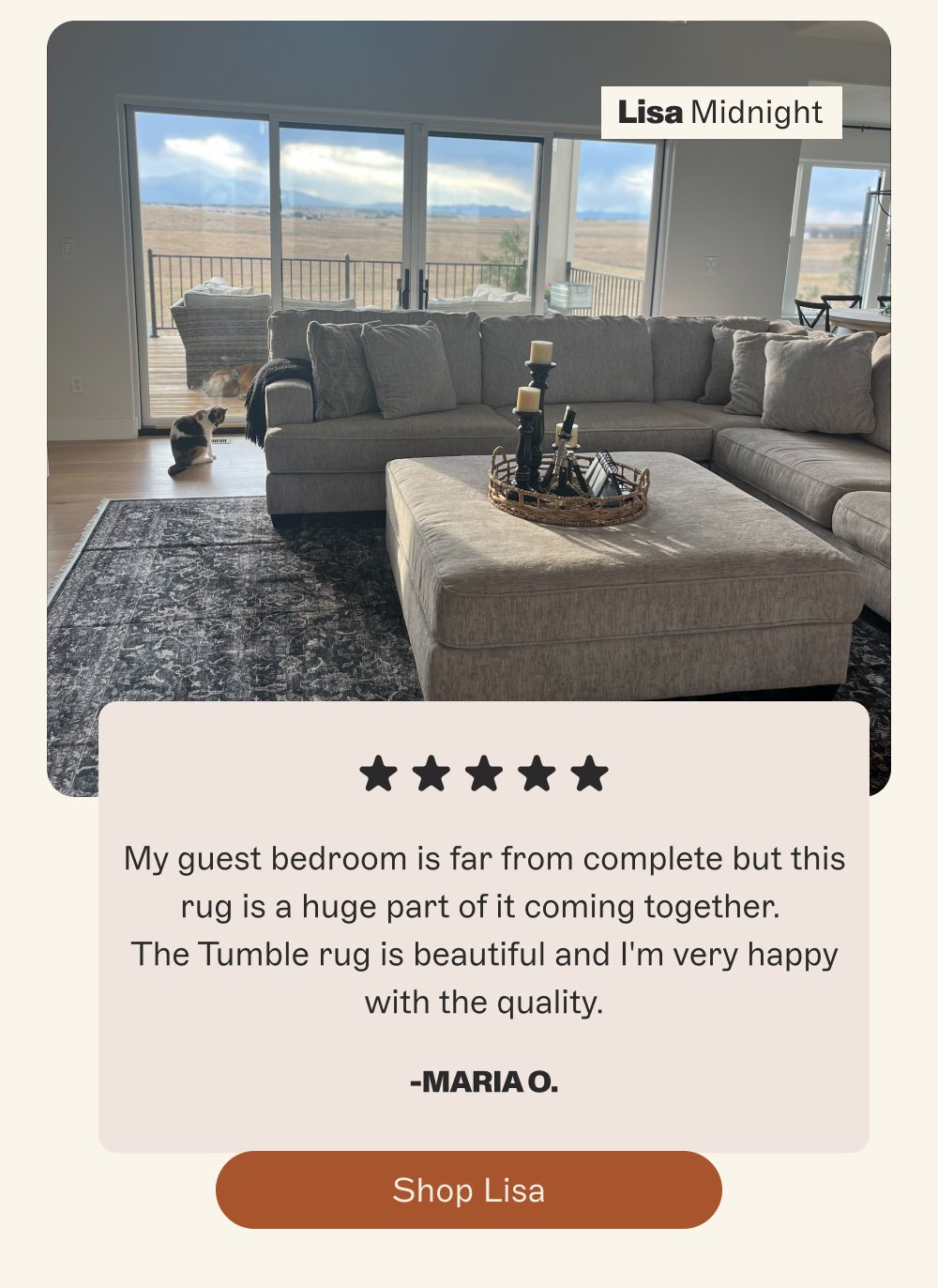 Machine washable, spillproof, pet & kid friendly. Your Summer Heroes Lisa Midnight My guest bedroom is far from complete but this rug is a huge part of it coming together. The Tumble rug is beautiful and I'm very happy with the quality. -Maria O. Shop Lisa