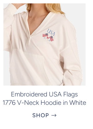 Embroidered USA Flags 1776 V-Neck Hoodie in White