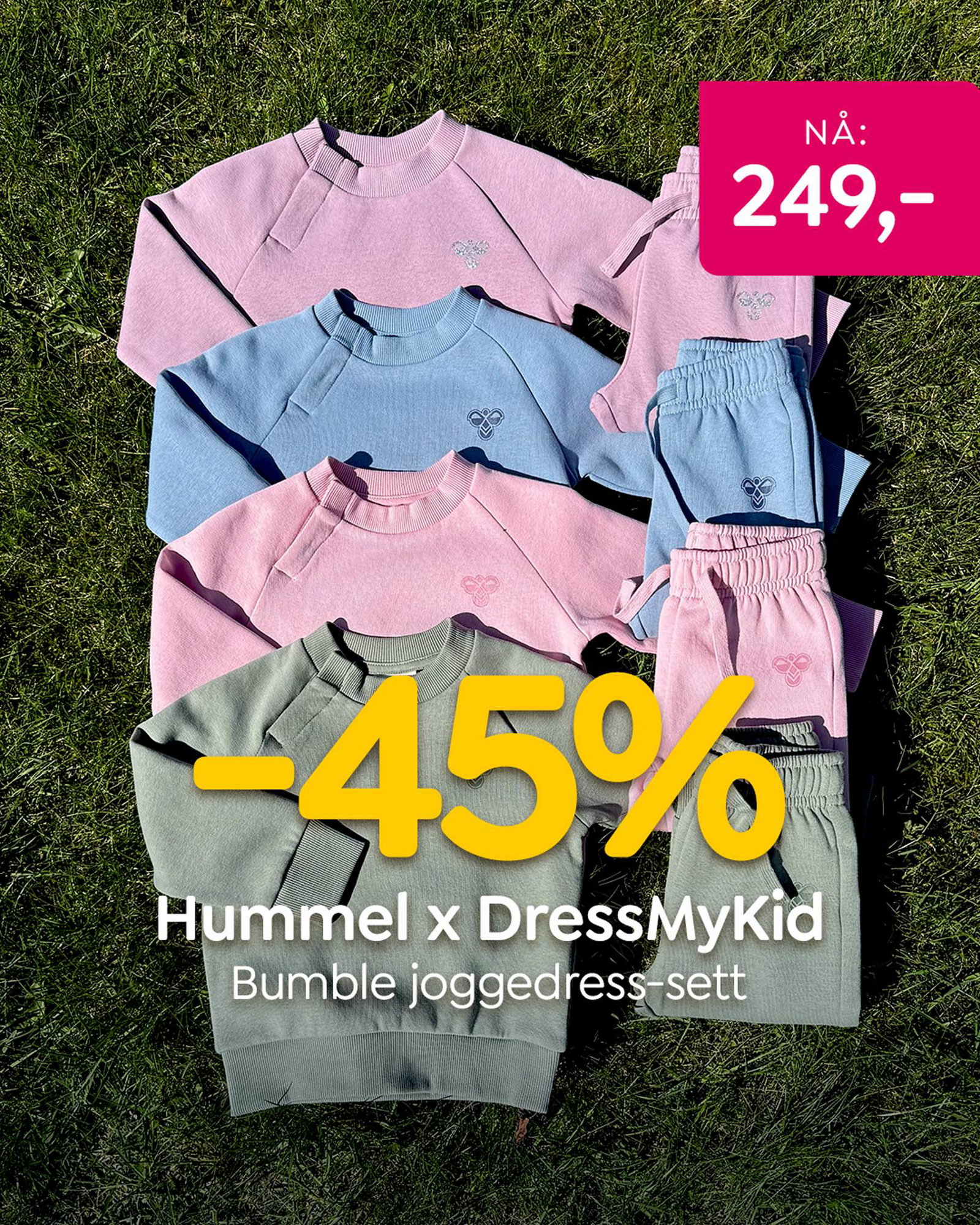Hummel Bumble joggedress til barn nå kun 249 kroner. Spar 45% på en populær Hummel-favoritt hos DressMyKid.