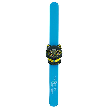 Playful watch with a blue rubberised slap strap and a watch face inspired by Bastet, the ancient Egyptian feline goddess. - Shop Now.