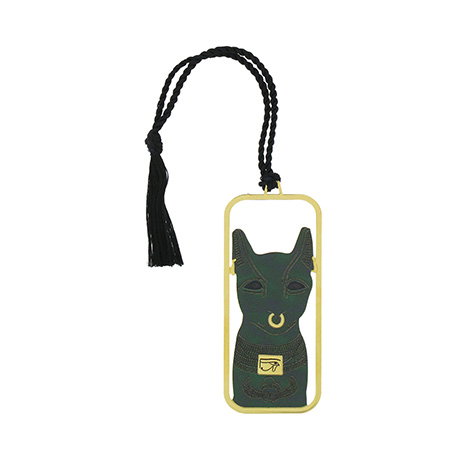 Green and gold metal bookmark inspired by the Gayer-Anderson Cat, finished with a black tassel. - Shop Now.