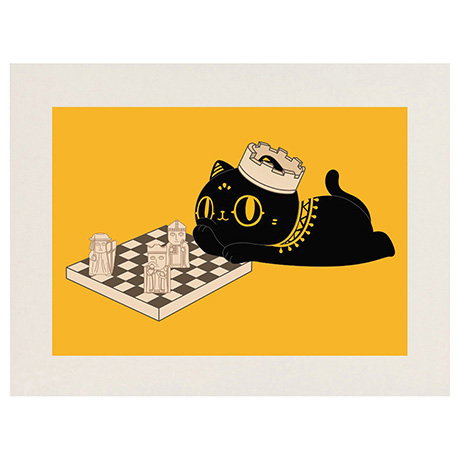 A5 mounted postcard featuring Bastet playing chess with Lewis Chessmen on a yellow background. - Shop Now.