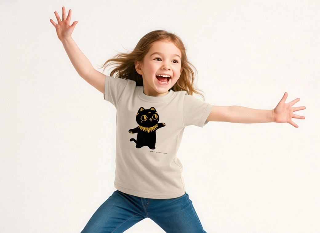 Model wearing an organic oat cotton children’s T-shirt featuring a charming illustration of Bastet, the Museum’s beloved guardian cat. - Shop Now.