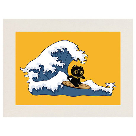 A5 mounted postcard featuring Bastet surfing the Great Wave against a yellow background. - Shop Now.