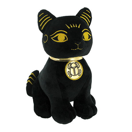 Black plush Egyptian cat with gold embroidered detailing and a gold collar. - Shop Now.