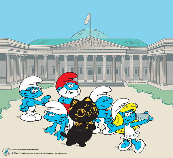 Illustration of Papa Smurf, Smurfette, Hefty, Brainy, and Lazy taking a selfie with Bastet outside the British Museum’s iconic façade. - Smurfs x Bastet Collection.