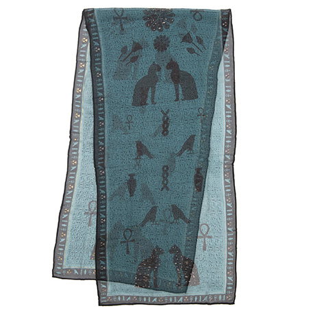 Teal silk scarf featuring an ancient Egyptian cat design with ankhs, birds and hieroglyphic motifs. - Shop Now.