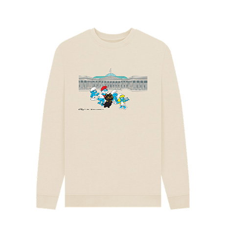 Organic oat cotton jumper featuring a playful design of the Smurfs and Bastet taking a selfie in front of the Museum’s iconic façade. - Shop Now.