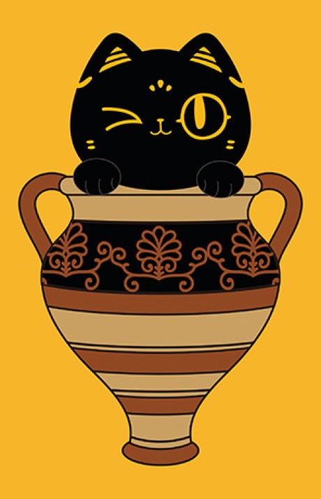 Custom print featuring an illustration of Bastet, a black cat with a golden collar, peeking over the rim of a Panathenaic amphora with a cheeky wink. - Shop Now.