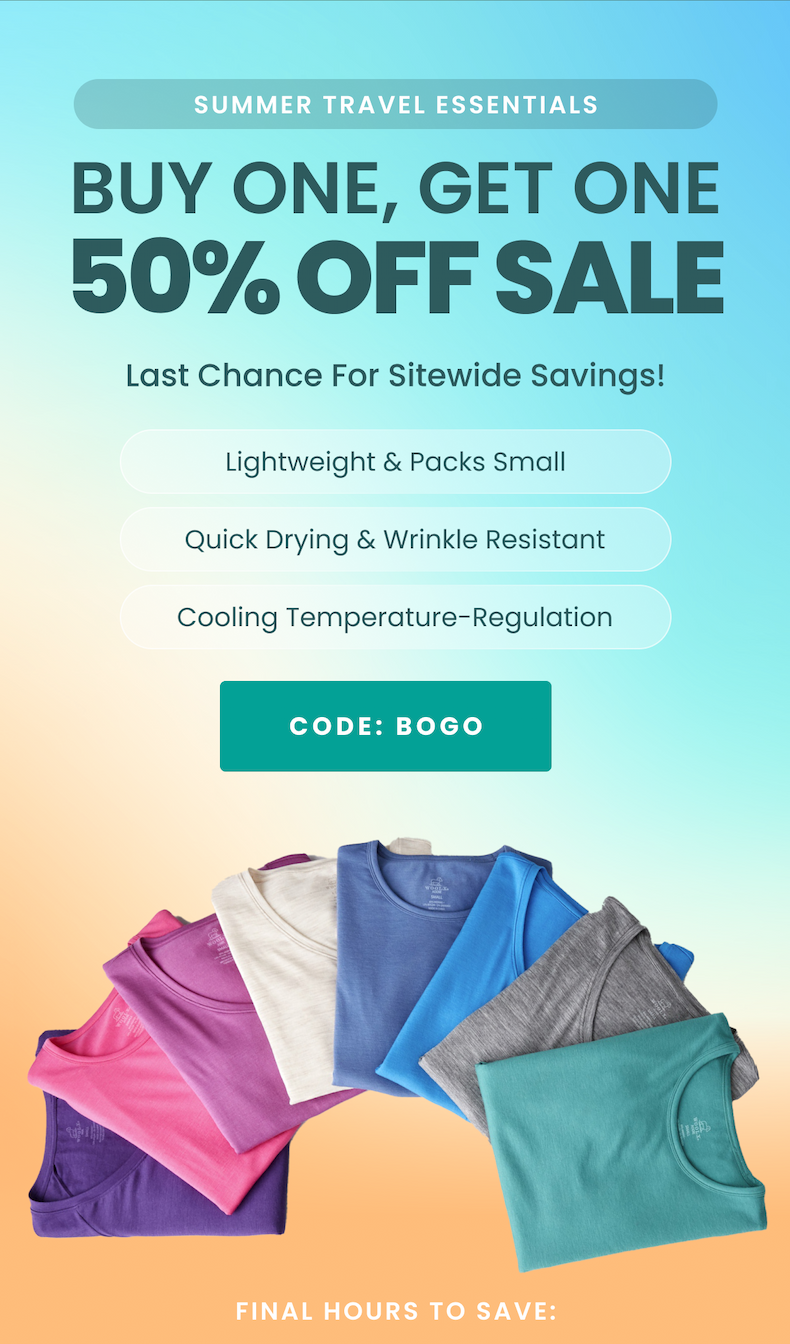 Summer Travel Essentials 50% OFF SALE Buy One, Get One Last Chance For Sitewide Savings! Lightweight & Packs Small Quick Drying & Wrinkle Resistant Cooling Temperature-Regulation
