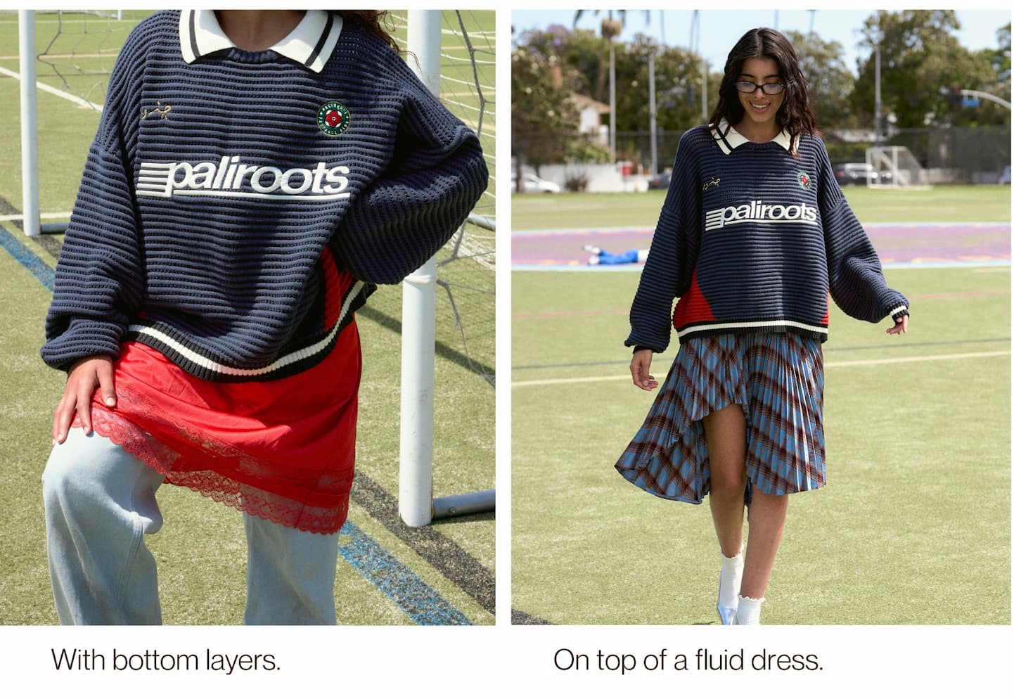 With bottom layers. | On top of a fluid dress.