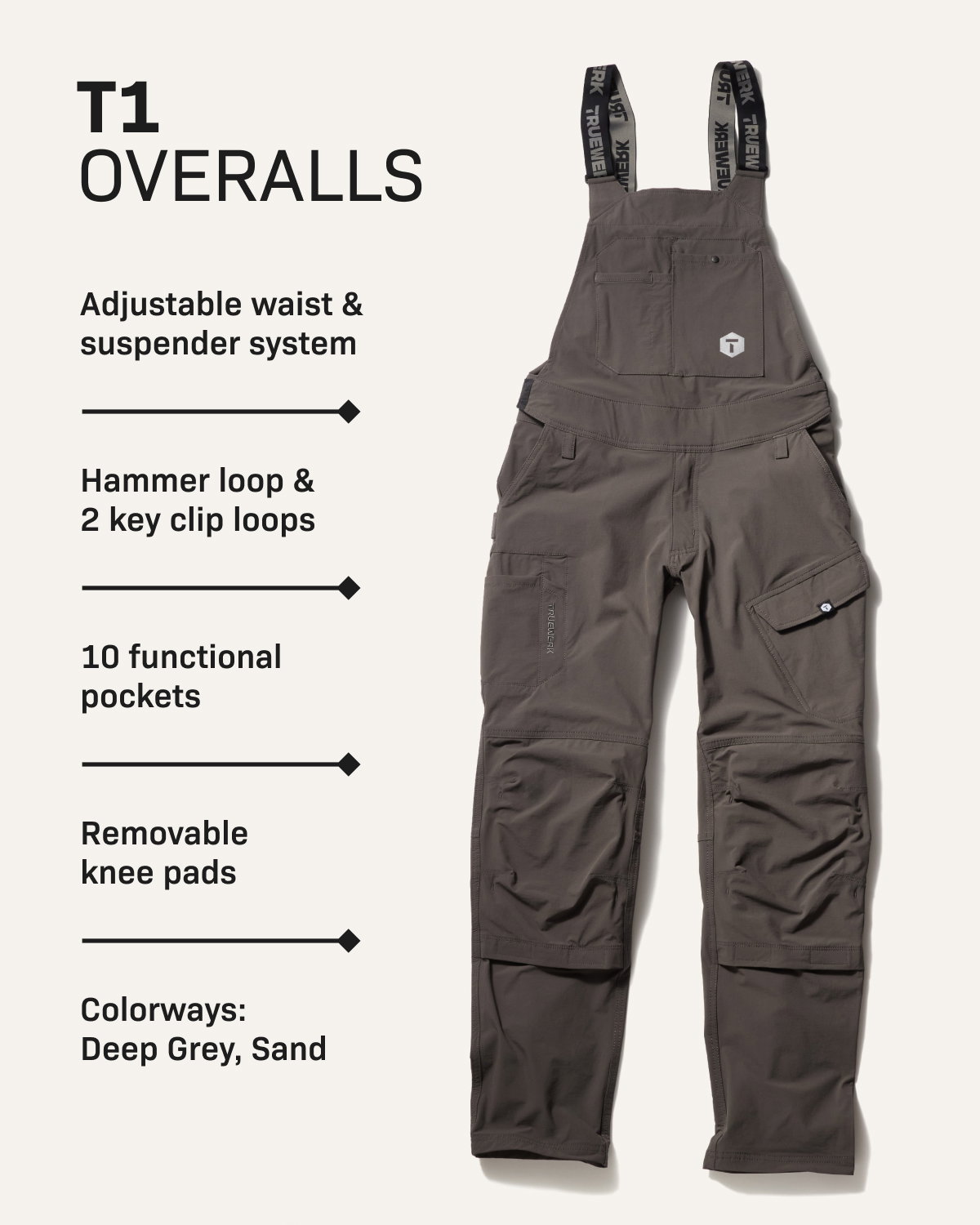 T1 OVERALLS featuring: Adjustable waist & suspender system; Hammer loop & 2 key clip loops; 10 functional pockets; Removable knee pads; Available in Deep Grey + Sand