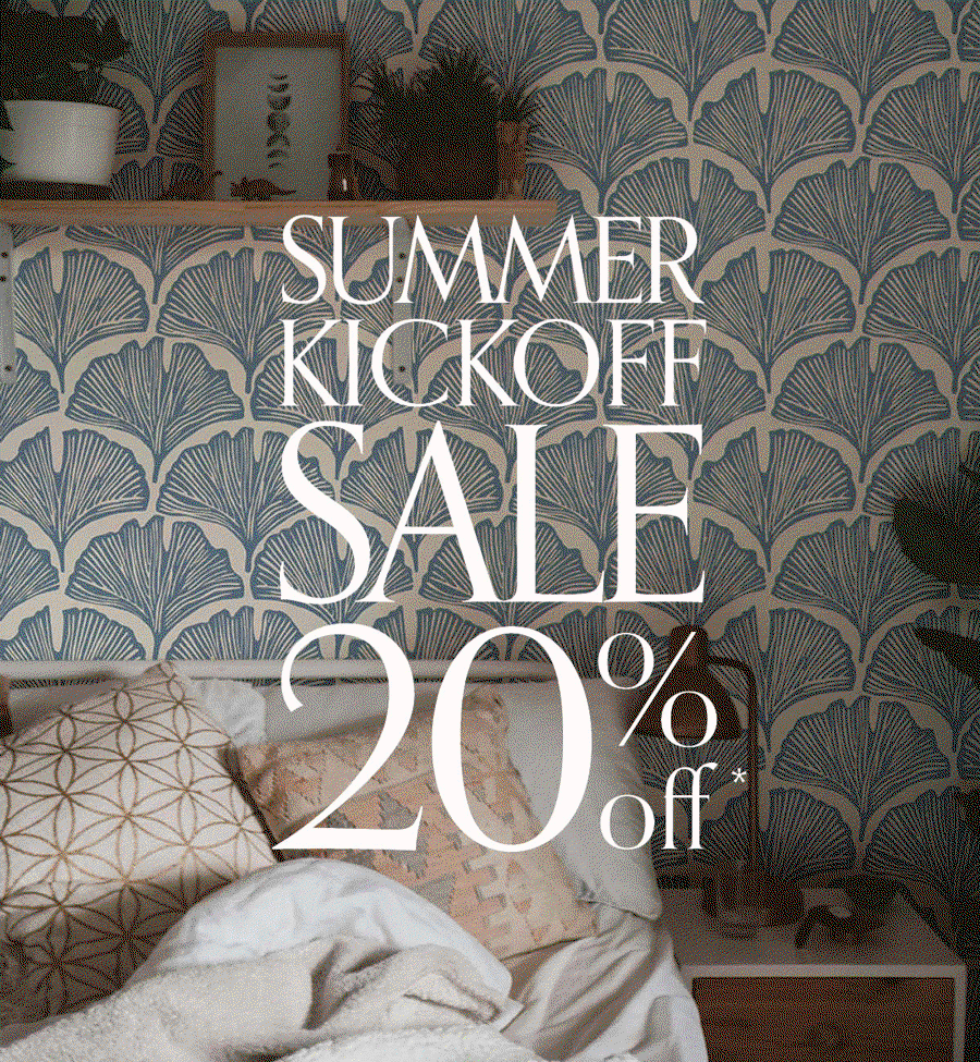 Gif image of various Tempaper wallpaper in blue patterns. Text overlay "Summer Kickoff Sale 20% off*"
