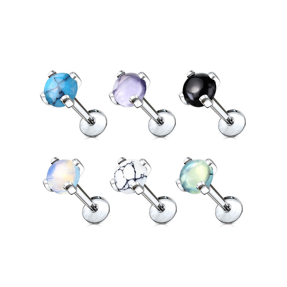 16G Semi Precious Stone Labret Flat Back Studs Piercings Jewelry 1/4