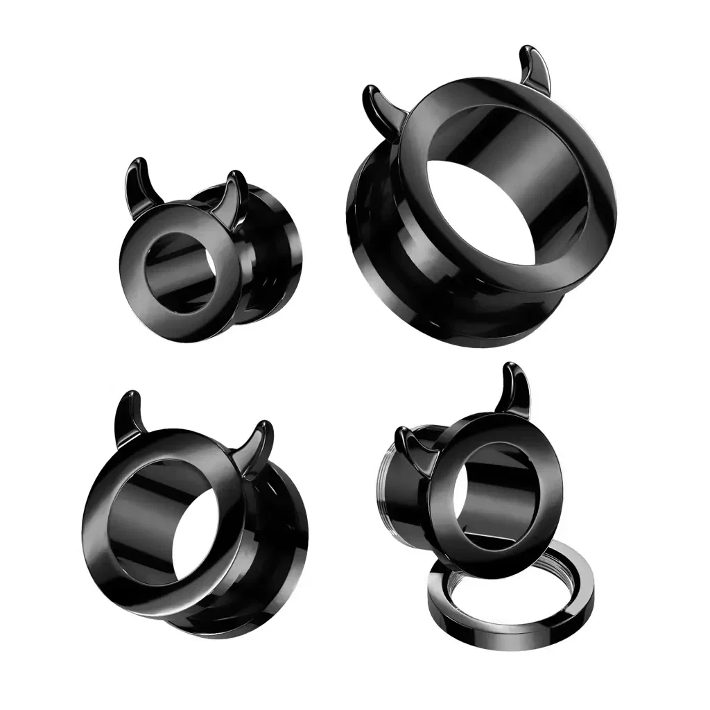  PVD Black Devil Horn Screw Fit Tunnels Ear Gauges Piercings 