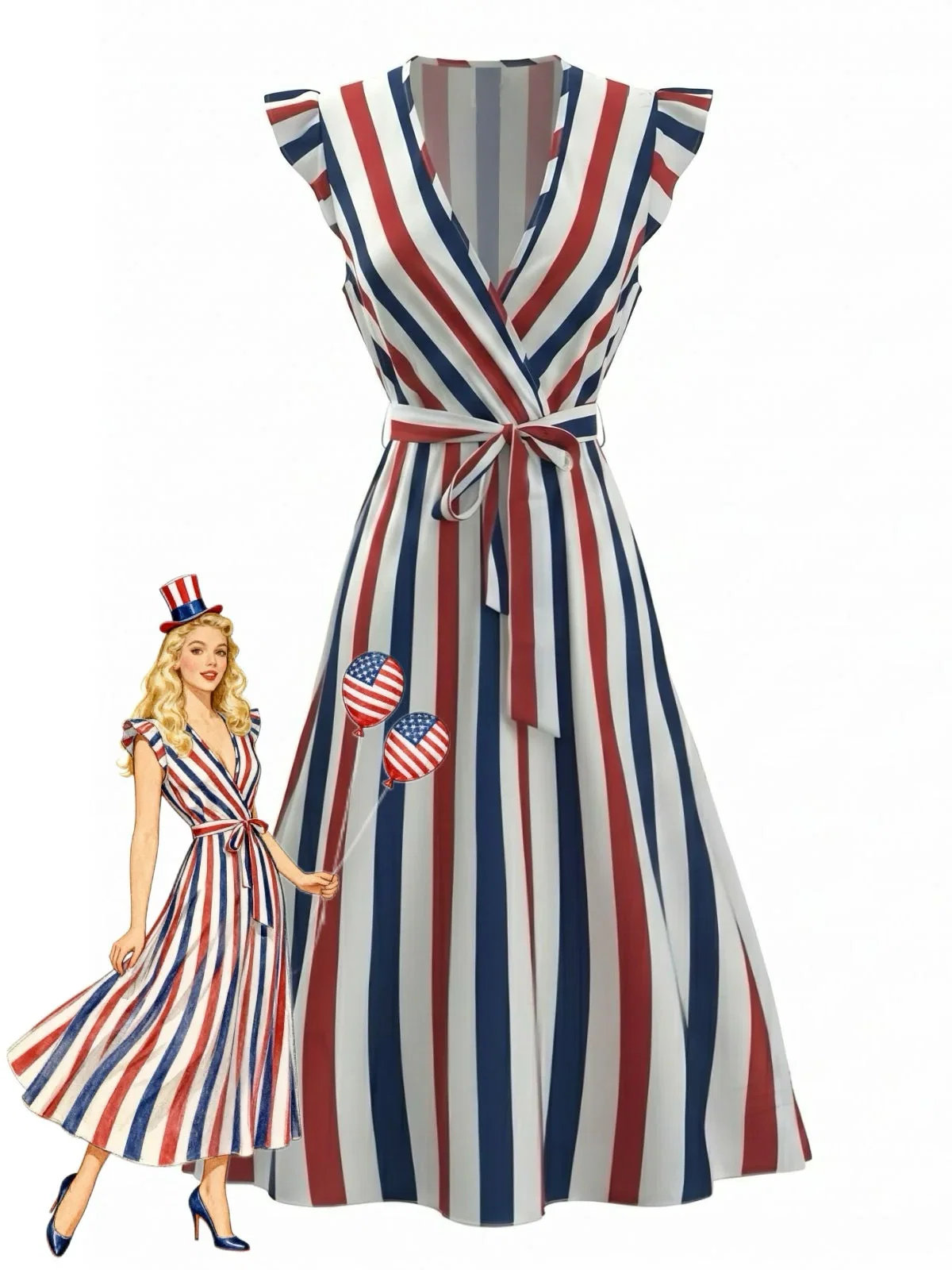 1950s V-Neck Ruffle Belted Swing Dress