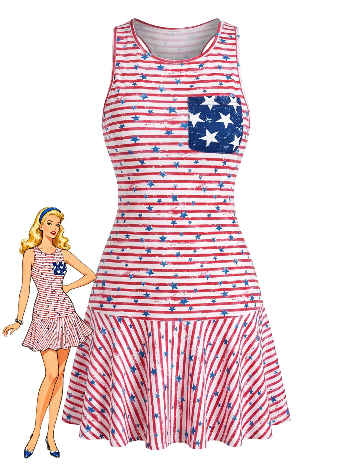 Red 1940s Striped & Star Sleeveless Dress