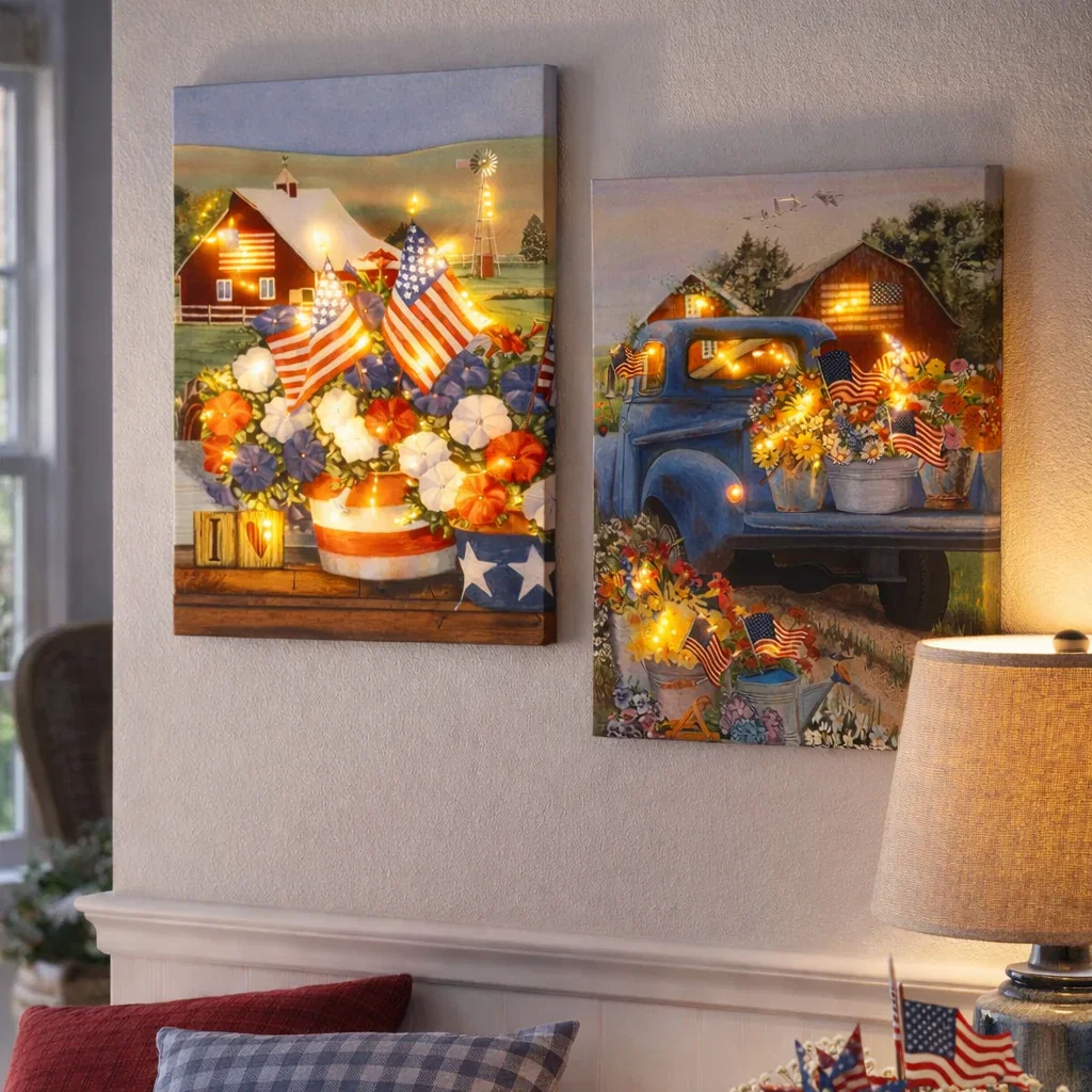 Image of Americana Lighted Canvas Country Wall Art With Flowers