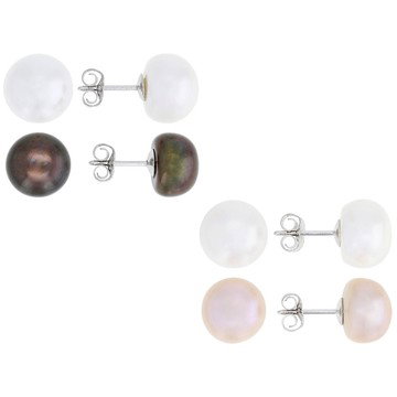 Pink, Black & White Cultured Freshwater Pearl Sterling Silver Stud Earrings Set of 4