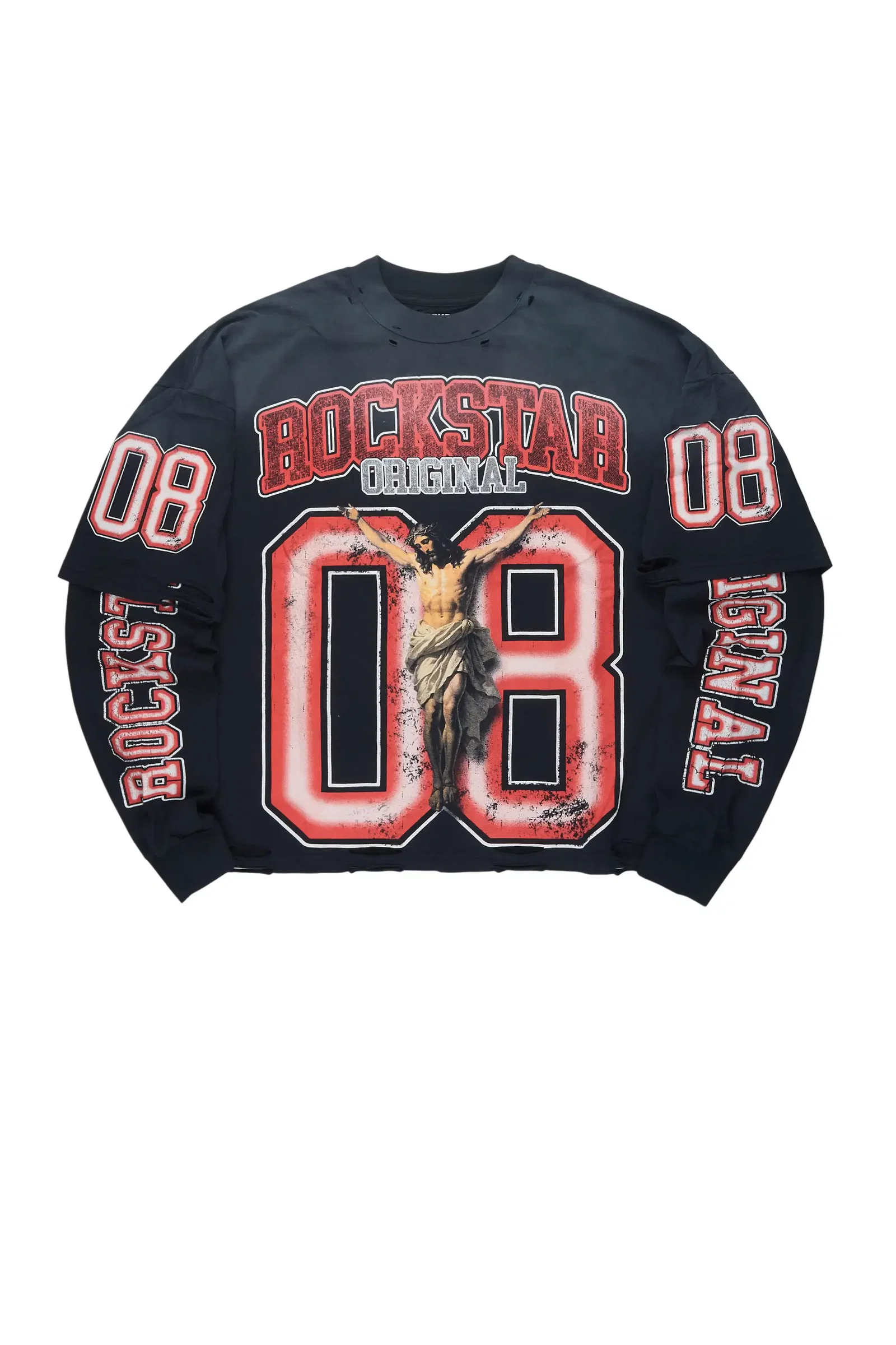 Image of Boys Fields Black/Red Double Layer L/S Graphic T-Shirt